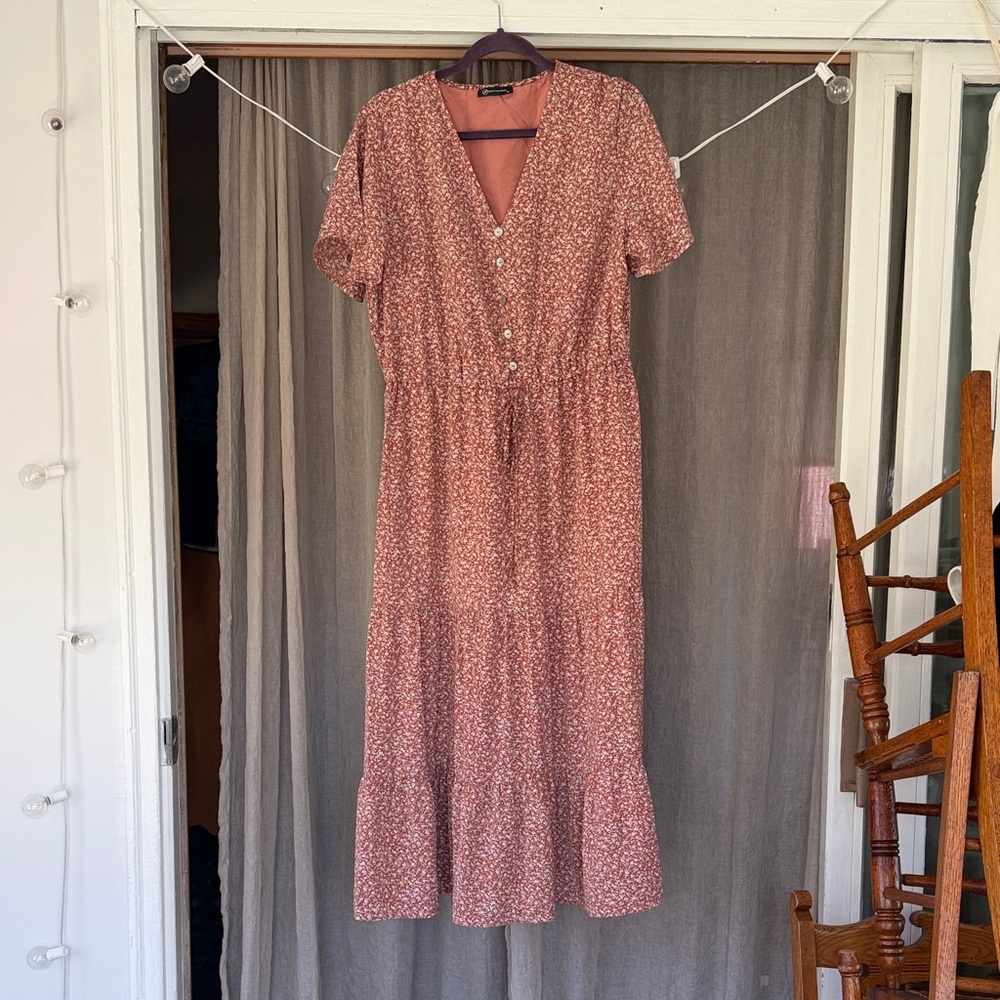 Rust Floral Button-Front Maxi Dress with Tie Waist